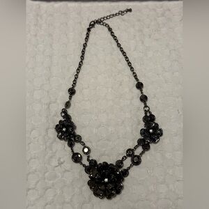 Black Flower and Rhinestone Floral Necklace 20 Inch